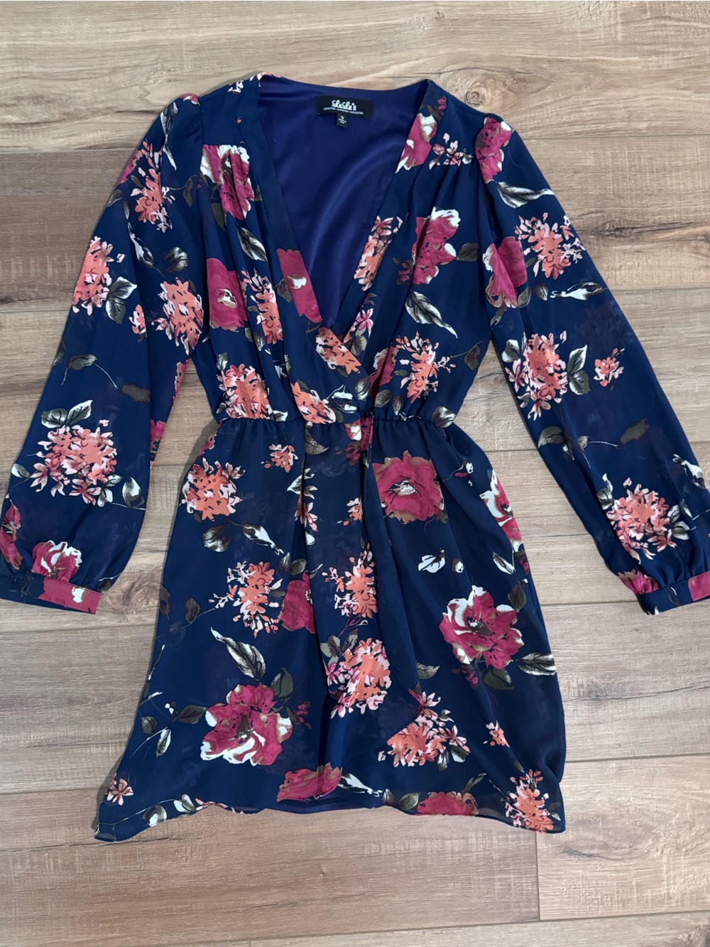 Lulu's Navy Floral Long Sleeve Dress with Pink Flowers